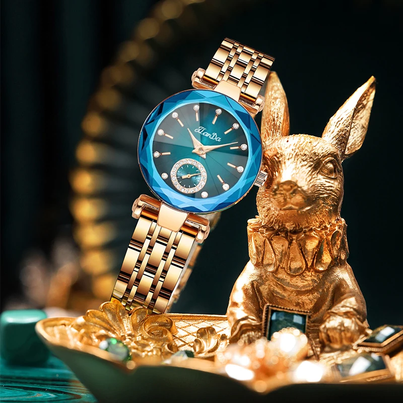 JLANDA Fashion New Luxury Ladies Rose Blue Dial Exquisite Atmosphere Quartz Watch Stainless Steel Strap Waterproof Watches