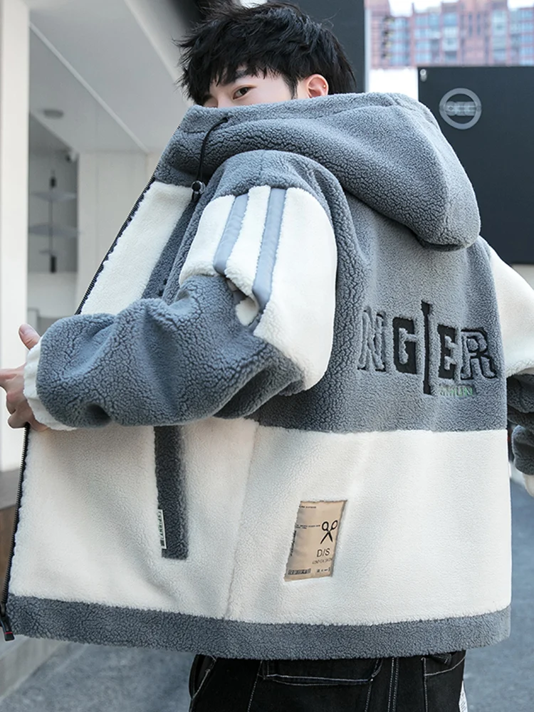 2024 Autumn and Winter New Contrast Color Men's Hooded Polar Fleece Cotton-Padded Coat Student Warm Lambswool C...