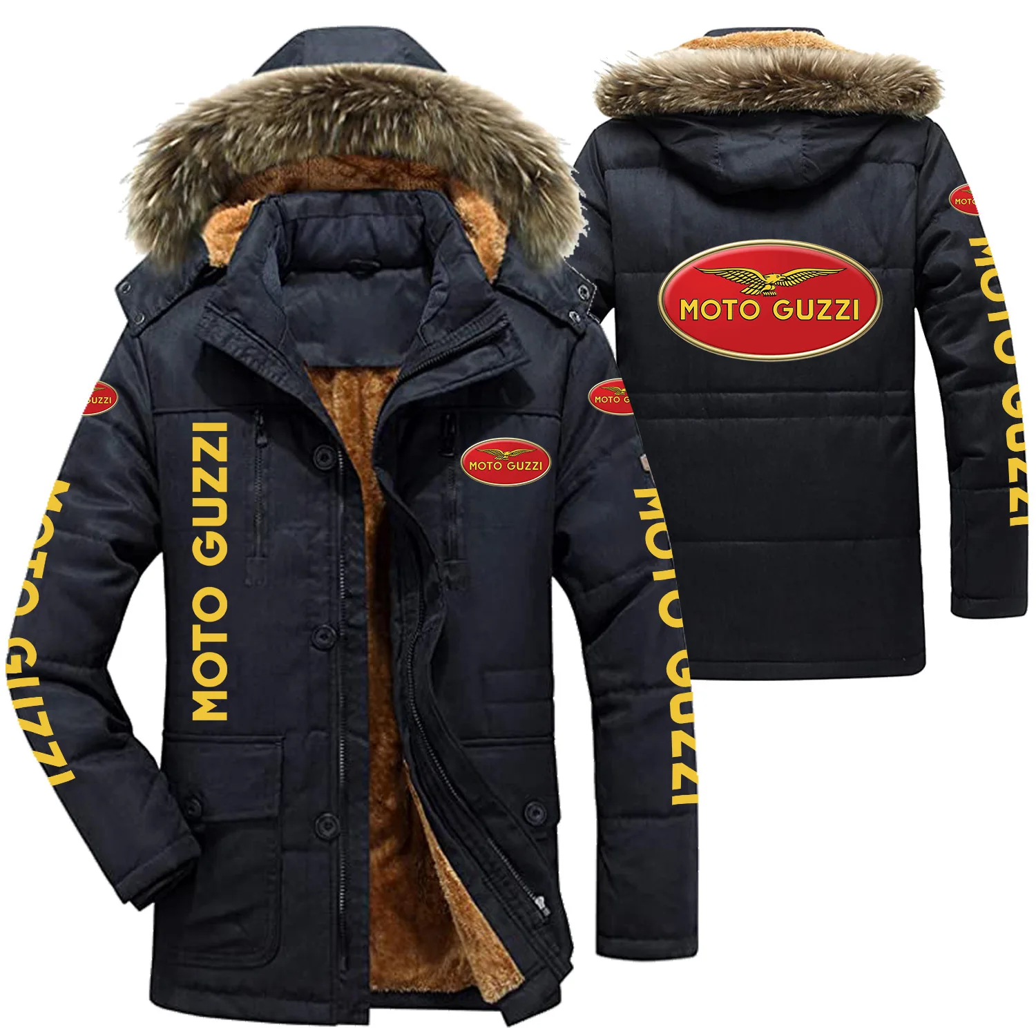 

2023 New Autumn Winter Man's Mid-long Style Moto Guzzi Logo Cotton-padded Hooded Fleece Long-sleeved Fashion Zipper Coat Jacket