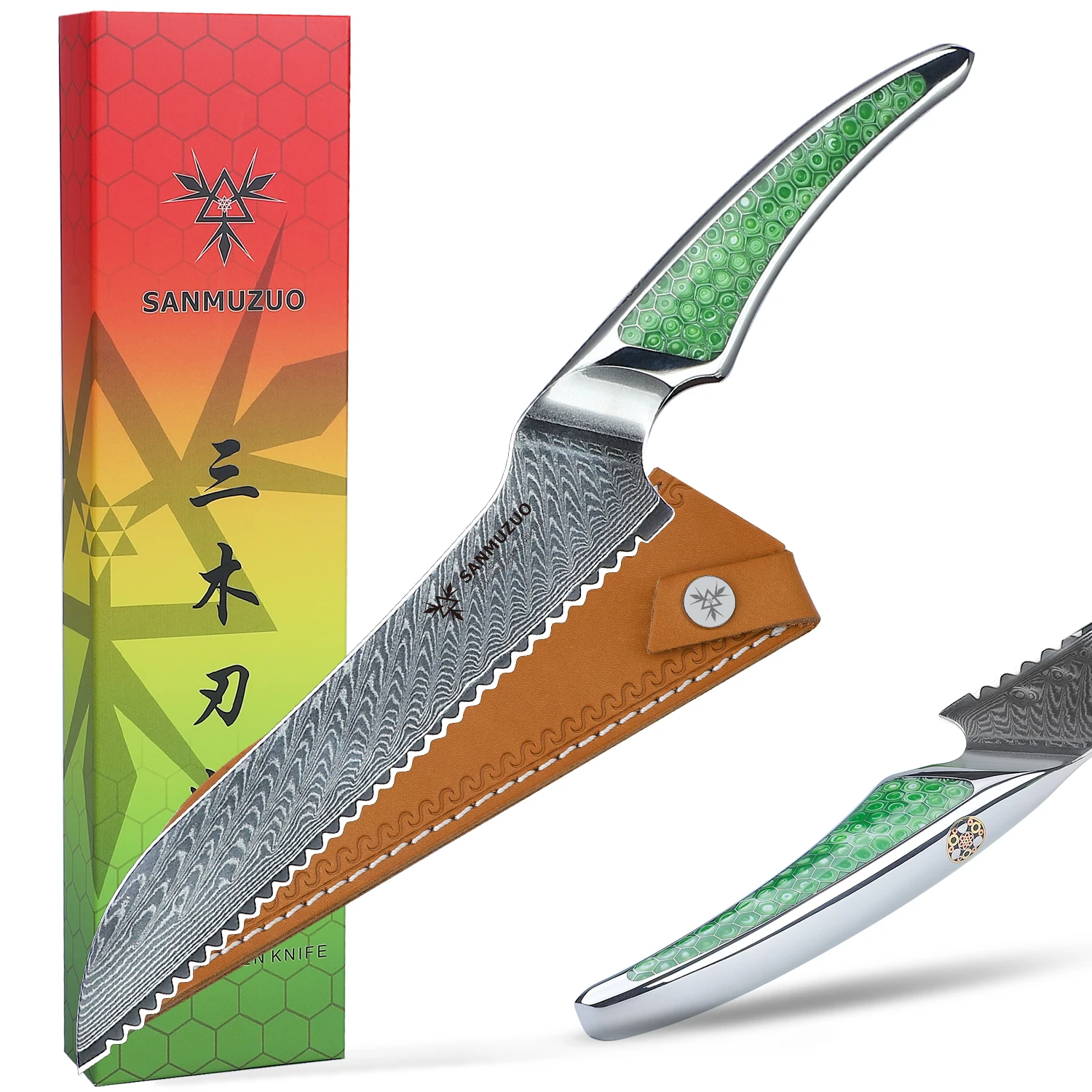 SANMUZUO 8-дюймовый зубчатый нож для хлеба японский кухонный из дамасской стали ручка