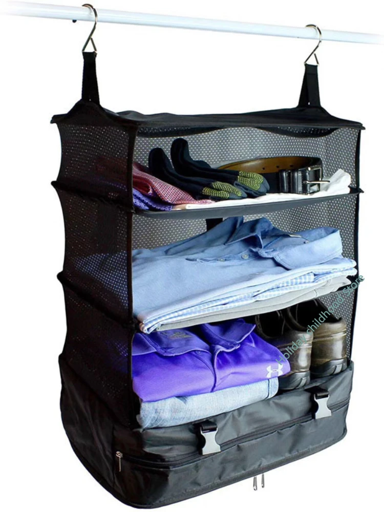 

3 Layers Travel Storage Bag Portable Hook Organizer Wardrobe Clothes Hanging Rack Shelves Travel Suitcase Space-saving Shelves