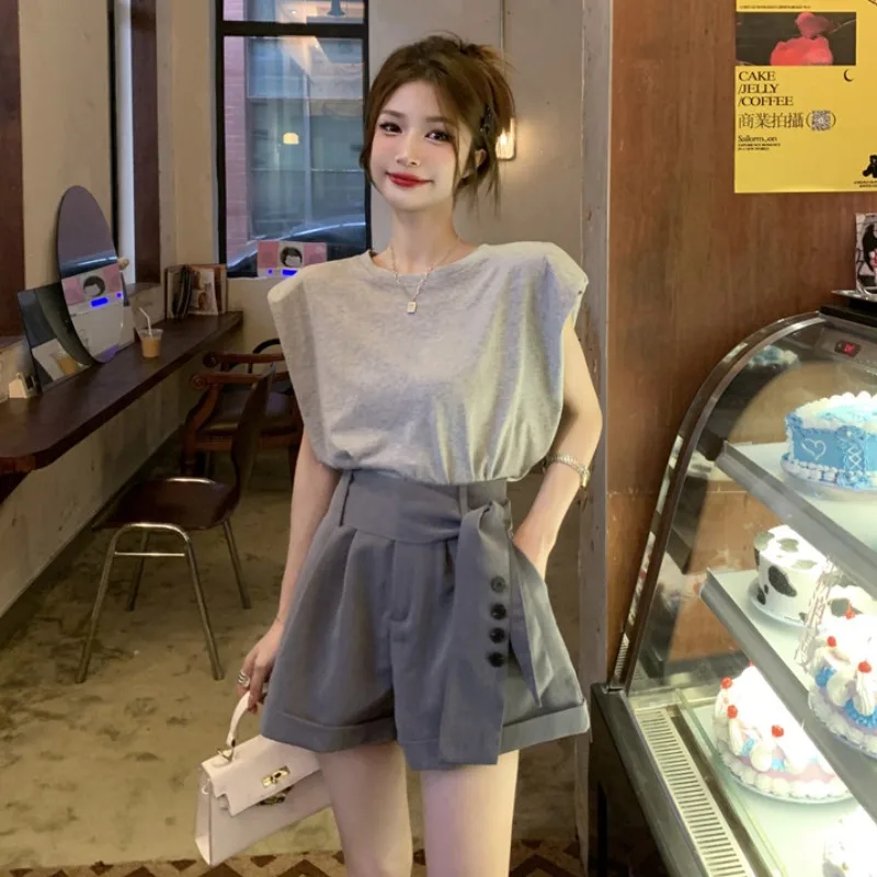 

Online celebrity aging fried street fashion suit women's summer design sense of minority loose sleeveless T-shirt Top + wide leg