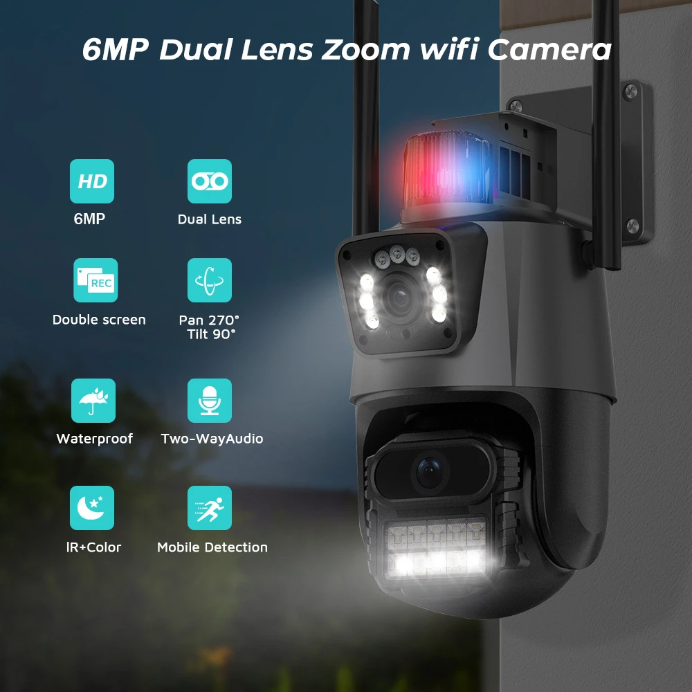 

6MP 4K Wifi Camera Dual Lens Security Protection Waterproof Security CCTV Video Surveillance Camera Police Light Alarm IP Camera