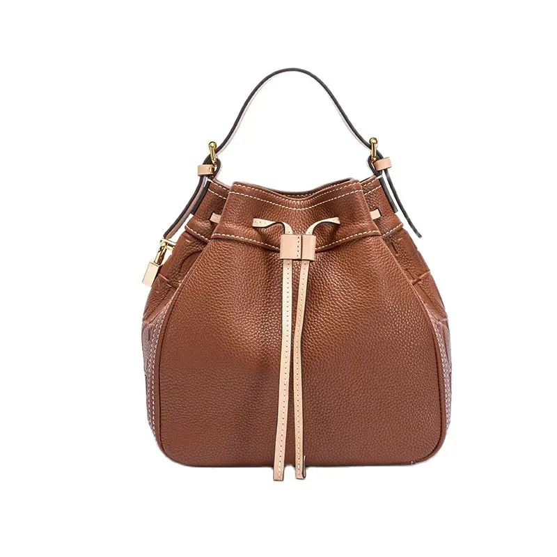 

Leather Bag Natural Texture Letter Embossed Women's Fashion Bucket Shoulder Bag Large Capacity Business Commuter Crossbody Bag