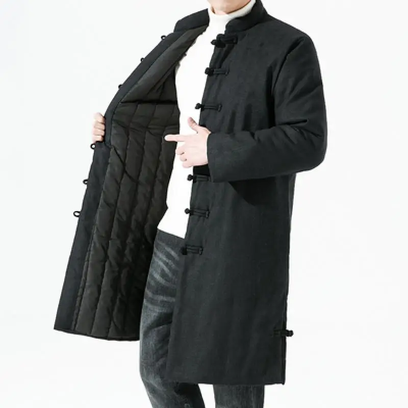 High Quality Hanfu Chinese Style Tang Suit Linen Thick Cotton Coat Winter Chinos Clothes Men Long Black Navy China Jacket Tops
