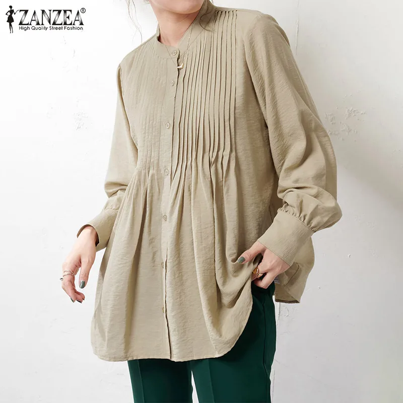 

Женская винтажная блузка ZANZEA на пуговицах с длинным рукавом, элегантная плиссированная рубашка с круглым вырезом, Весенняя Повседневная од...