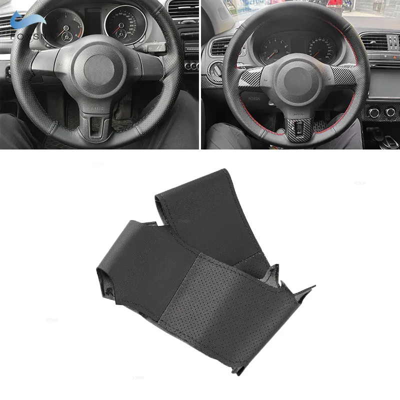 

Black Soft Perforated Leather Cover For VW Golf 6 Jetta MK6 Polo Bora Sagitar Santana DIY Hand Sewing Steering Wheel Cover Trim