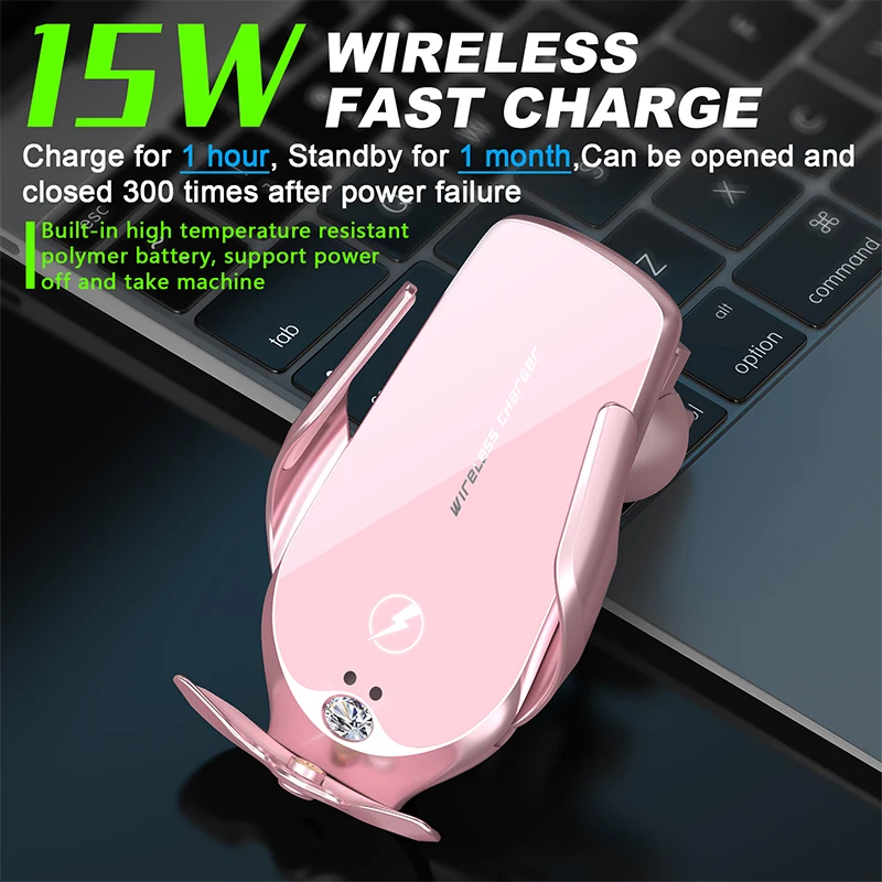 

15W QI Car Phone Holder Wireless Charger Smart Sensor Mount for iPhone Samsung Pink Car Accessories держатель для телефона