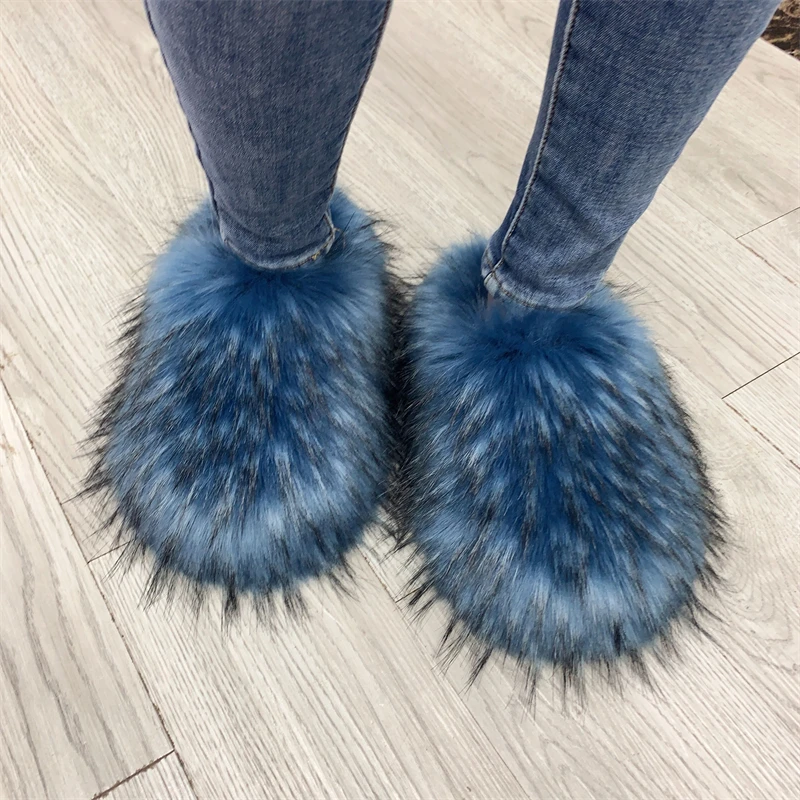 Spring Summer Women Plush Flat Shoes Outdoor Indoor Fashion Slippers Raccoon Fur Slides