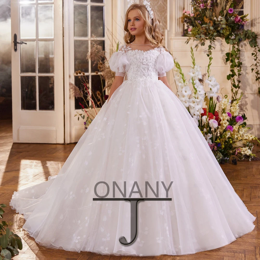 

JONANY Cute Flower Girl Dress Court Train Short Sleeves Made To Order Birthday Pageant Communion Robe De Demoiselle Baby Party