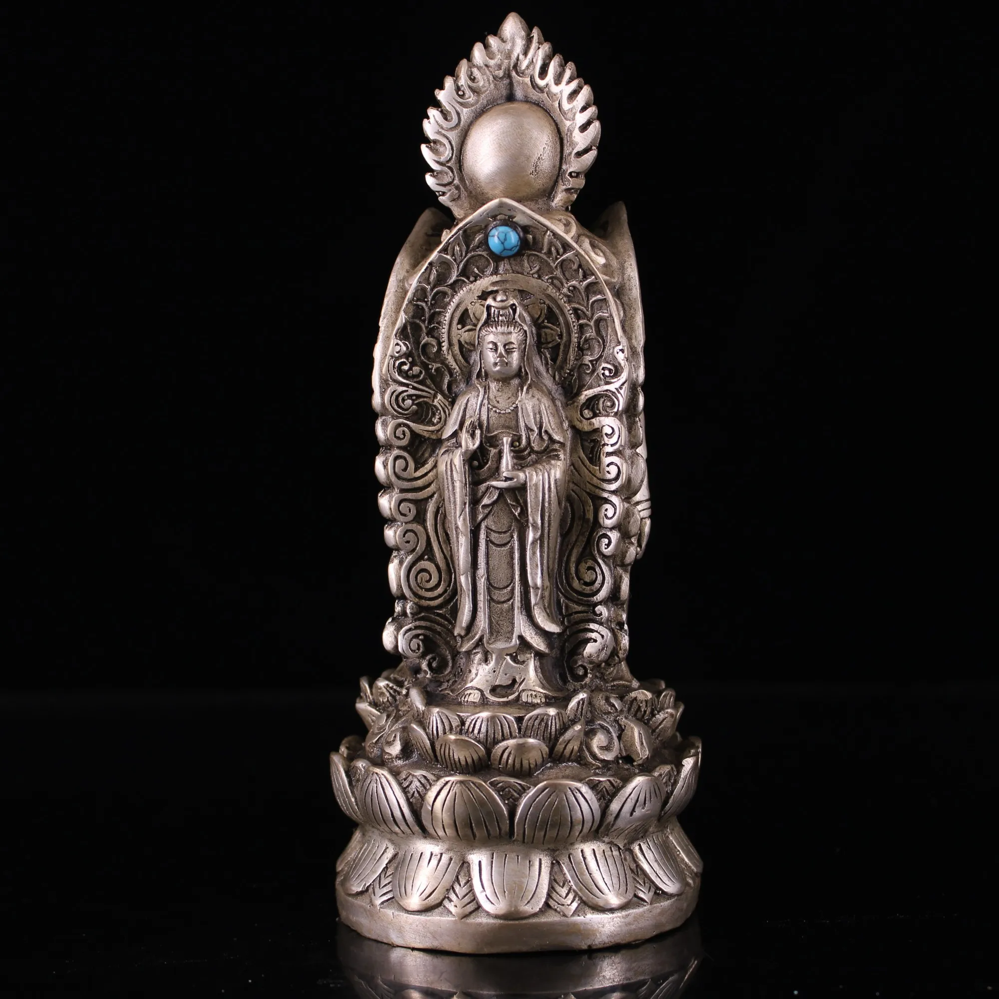 

7" Tibetan Temple Collection bronze Gilt silver mosaic The Three Saints of the West Three Faced Buddha lotus platform Buddha