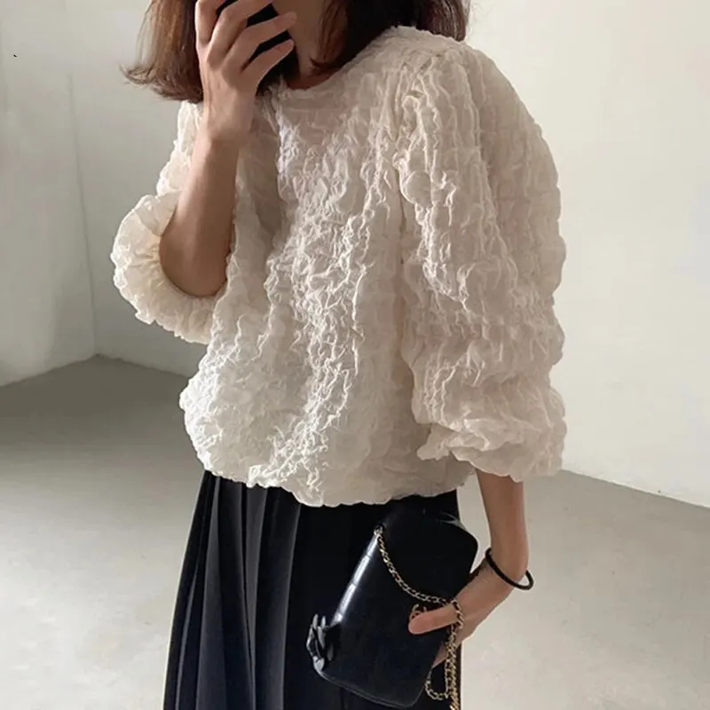 

New in Neck Loose Blusas Korea Chic Autumn Simple Ladies Shirt Fold Design Bubble Cotton Long Sleeve Womens Blouses Top