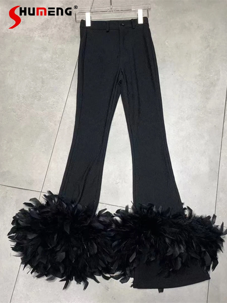 

High Waist Slimming Casual Trousers Stitching Plush Feather Bell-Bottom Pants Women 2022 New Summer Slim Fit Black Flared Pants