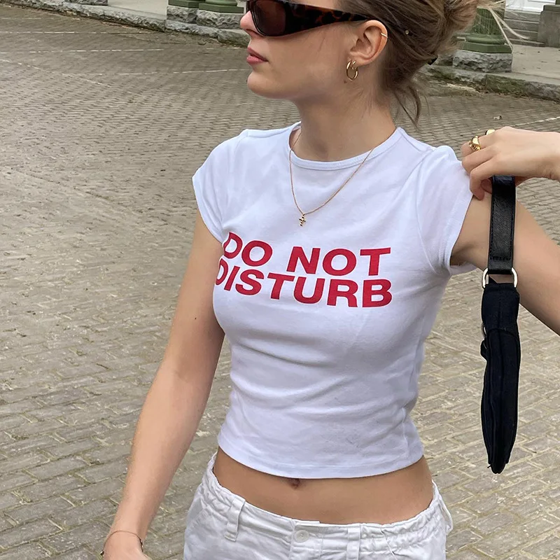 

High Street Fashion Short Sleeve Short Navel Accessories Size Women's Clothing Y2K Simple Red Letter Retro Print Harajuku O Neck