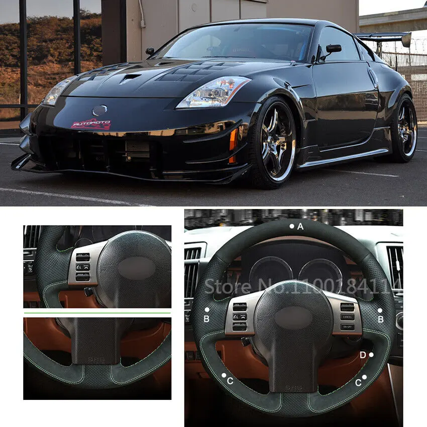 

Black Leather Car Steering Wheel Hand-stitch on Wrap Cover for Nissan 350Z 2002-