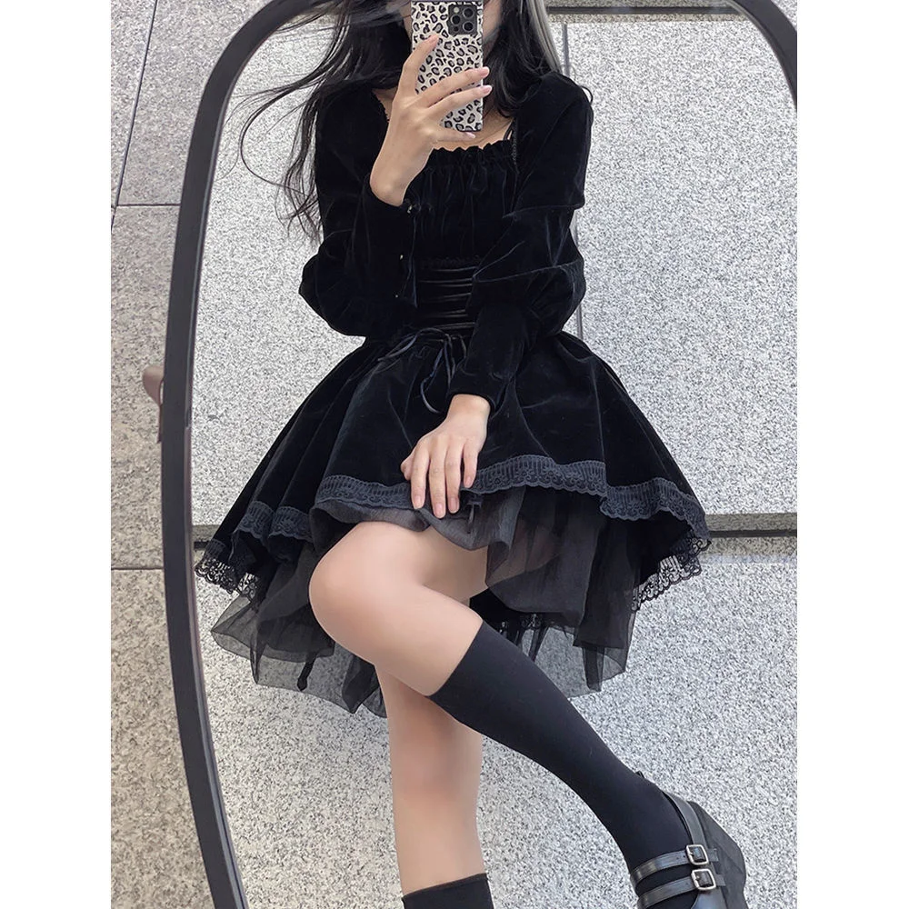 

Square Collar Woman Dress Elegant Long Sleeve Black Robe Bandage Tunic Velvet Vestidos Korean Gauze Lace Sweet Mini Dresses