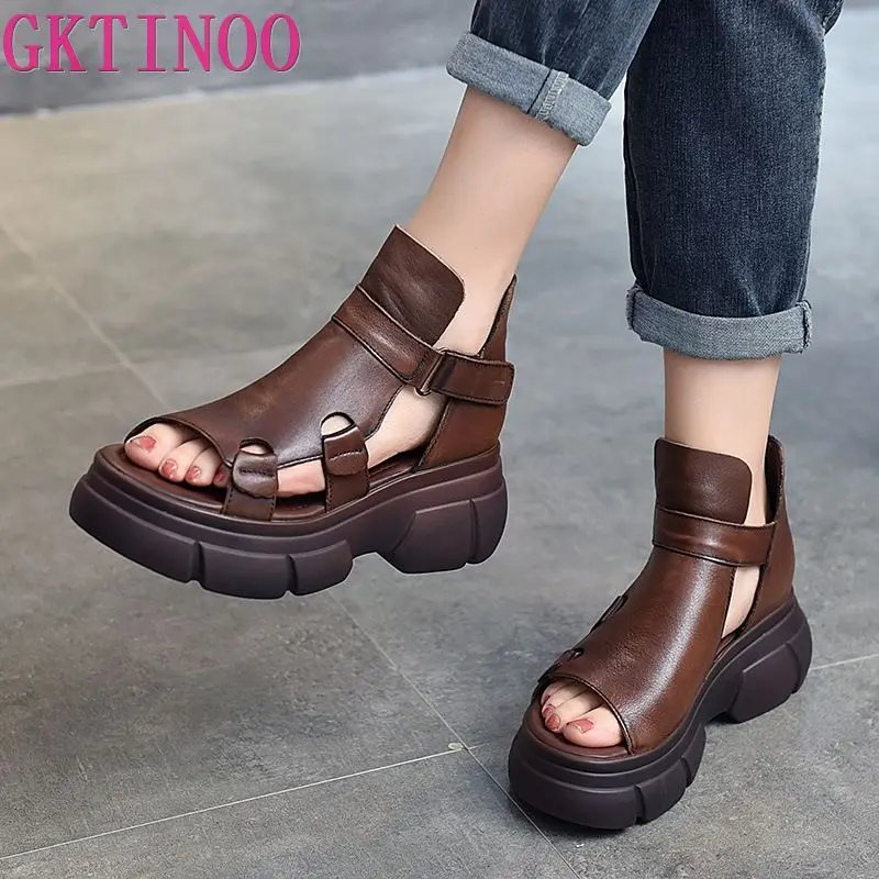 

GKTINOO 2022 Genuine Leather Thick Soled Women Summer Sandals New Roman Flat Platform Comfortable Solid Peep Toe Hollow Boots