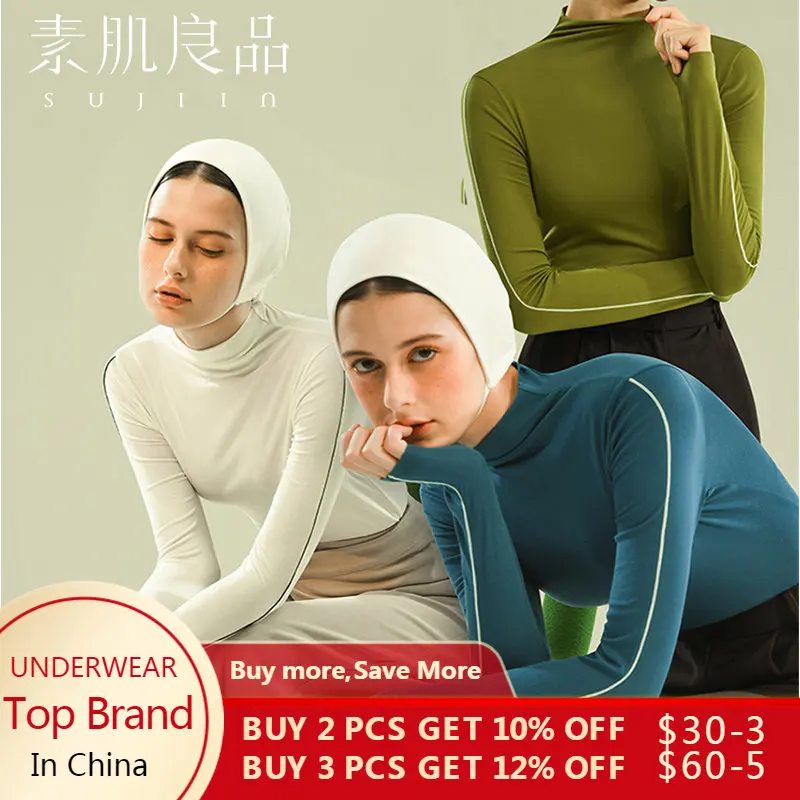 Sujiin Women Thermal Underwear Thin Warm Long Sleeve Thermal Shirt Blouse Winter Turtleneck T-shirts Top Clothes for Women 2022