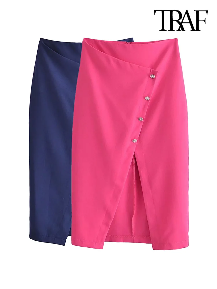 

TRAF Women Fashion With Rhinestone Buttons Front Slit Midi Skirt Vintage High Waist Back Zipper Female Skirts Mujer