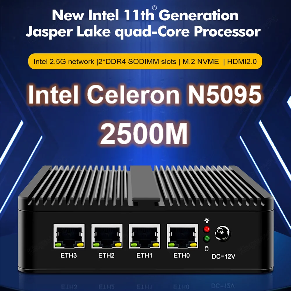 2500M pfSense Router Intel Celeron N5095 4*Intel i225 LAN Firewall Fanless Mini PC 2*DDR4 M.2 NVMe SSD OPNsense 4K@60Hz Display