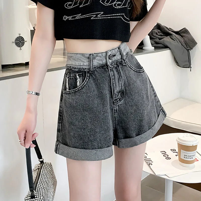 Retro Denim Shorts For Women Summer 2023 Fashionable Splicing Curled Edges With Pocket Hot Pants Ladies Casual Wide Leg Pants
