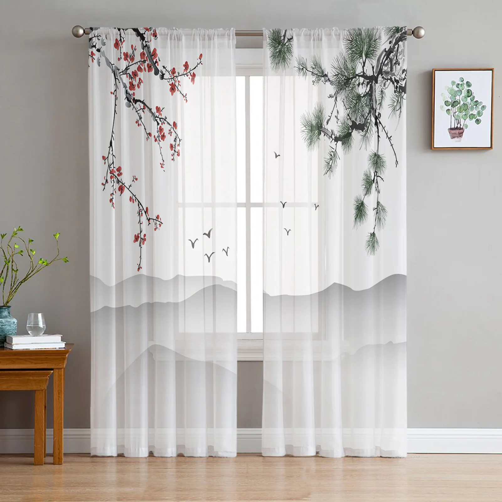 

Plum Blossom Flowers Branches Ink Painting Sheer Curtains for Living Room Bedroom Decoration Window Voiles Morning Tulle Curtain
