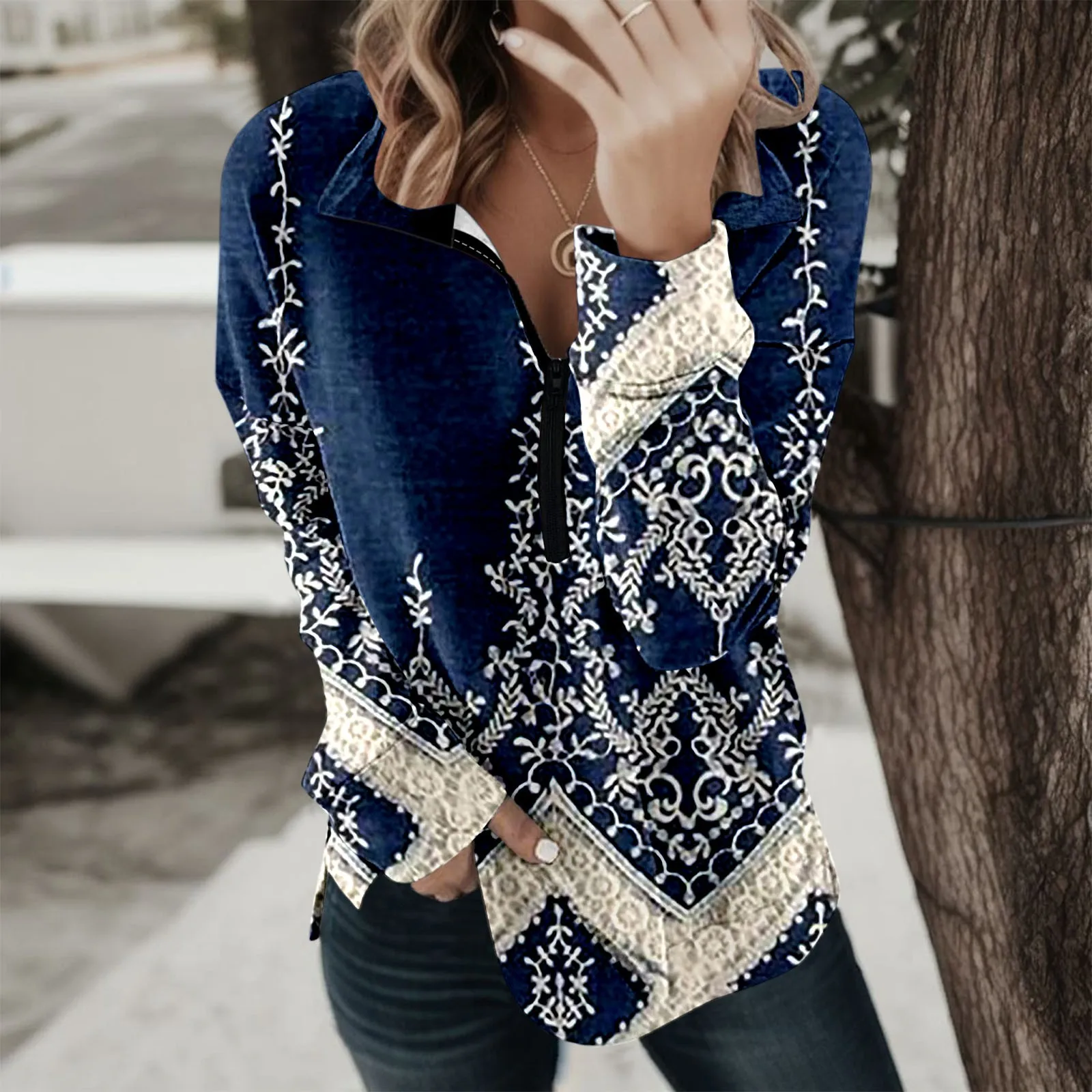 

Пуловер женский на молнии с длинным рукавом и V-образным вырезом