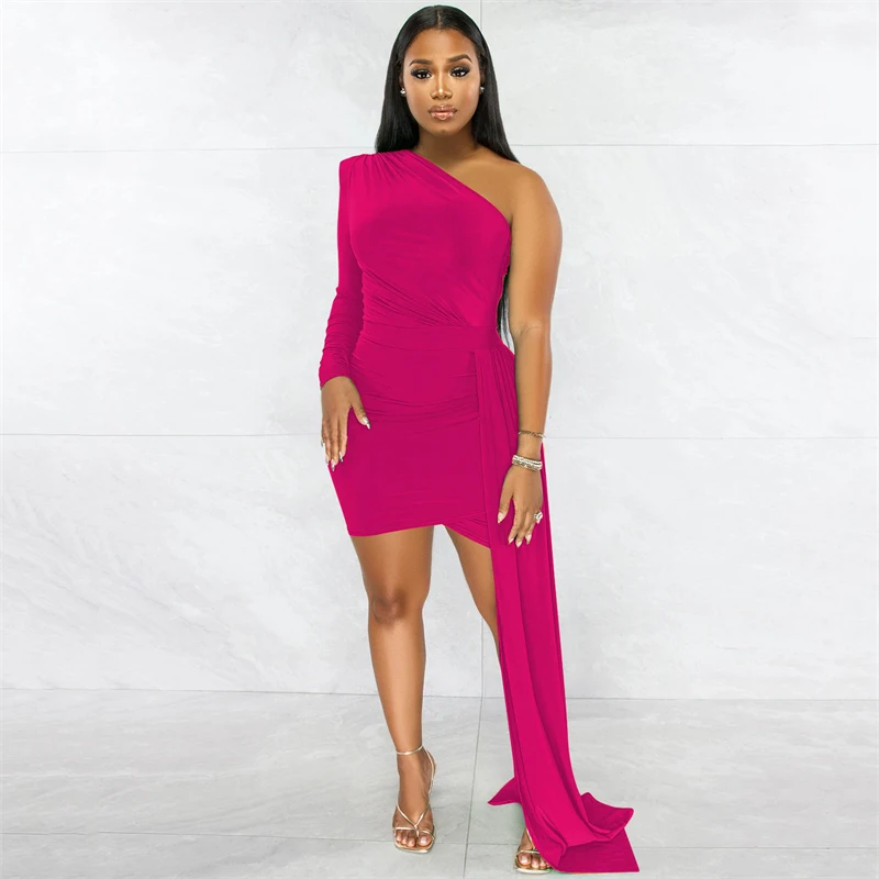 

Однотонное мини-платье с лентой для вечеринки, элегантное женское сексуальное облегающее платье с одним открытым плечом и длинным рукавом, ...