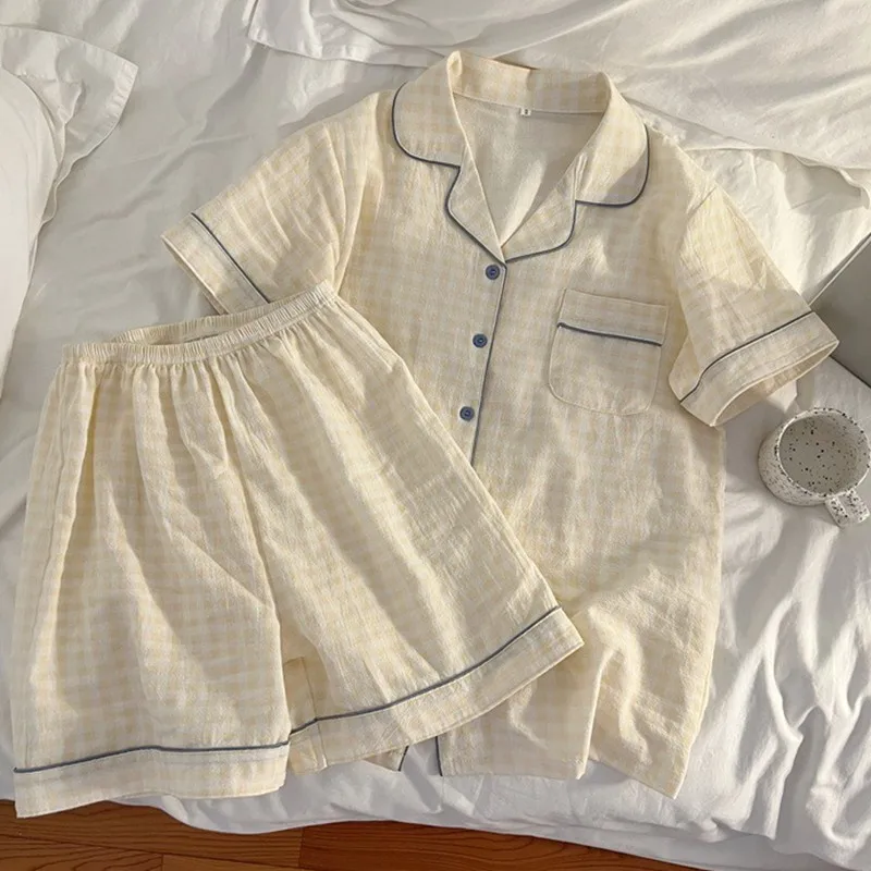 Korean Pajama Mujer Grid Print Cotton Yarn Sleepwear Set Short Sleeve Top+Shorts Ruffle Homewear Skin-Friendly Breathable