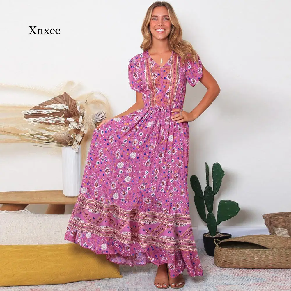 

Платье женское длинное с цветочным принтом, пикантный сарафан с открытой спиной и V-образным вырезом, праздничное платье-трапеция в стиле бо...