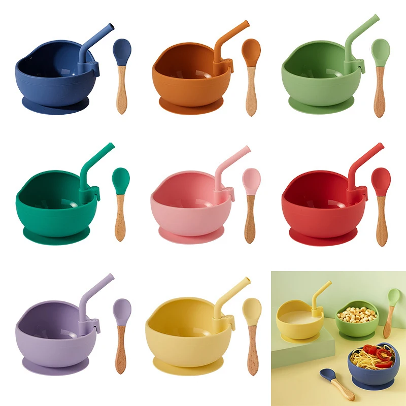 

Силиконовая детская обеденная тарелка на присосках, чаша с соломинкой и ложкой, набор нескользящей посуды для обучения малышу, Детская тарелка, посуда