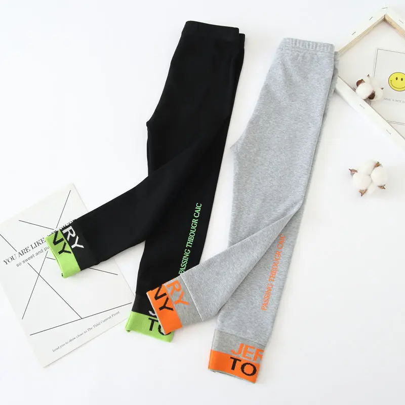 

autumn winter Fashion Cotton Girls Leggings Skinny Black Elastic Pants striped Letter Print Trousers 10 12 years Teenager Outfit