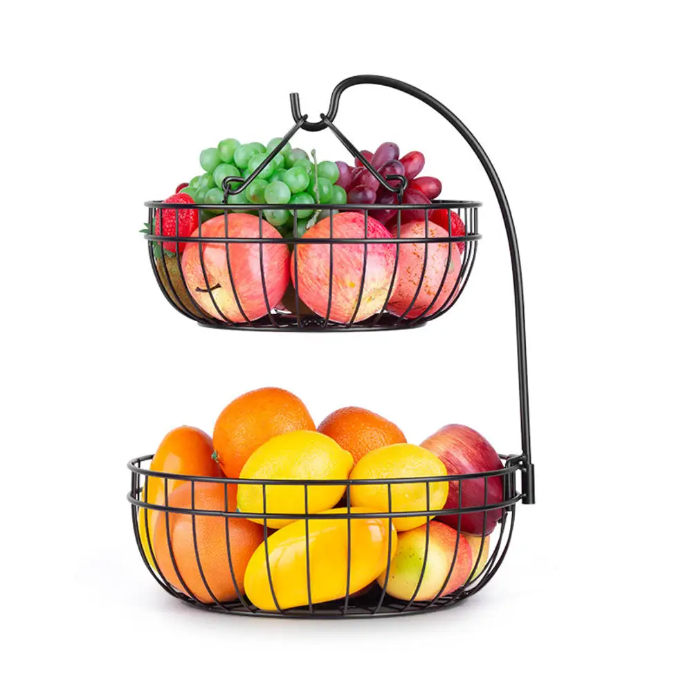 

2 Layer Bread Basket Shelf Wrought Iron Countertop Fruit Basket Vegetable Stand Kitchen Storage Basket Table Storage Basket