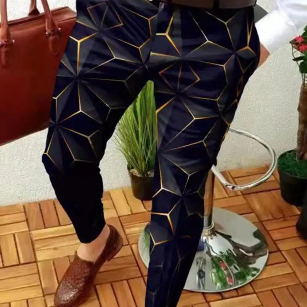 

Pencil Pants Geometric Print Slim Pencil Pants Men Trousers Full Length Pants Men Mid Waist Elastic Skinny Pants Men Streetwear