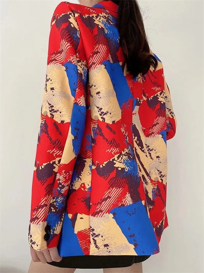 Red Graffiti Printed Blazer Suit Harajuku Women Loose Double Breasted Casual Office Blazer 2021 Spring Autumn New All-Match Suit
