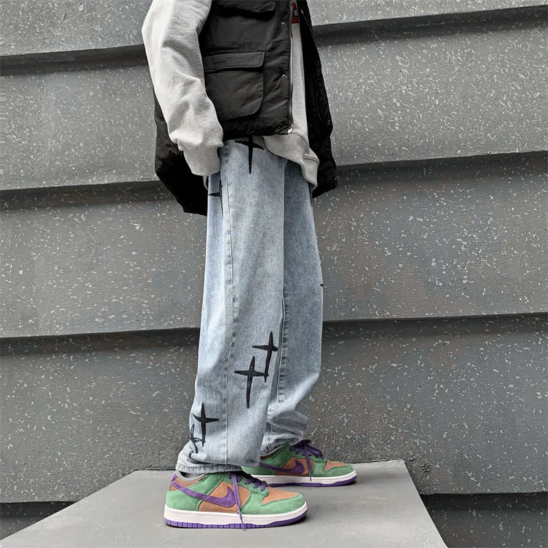 Embroidered Jeans Men's Y2k Straight Trousers Autumn New Korean Fashion High Street Hip-hop Style Loose Wide-leg Trousers Trend