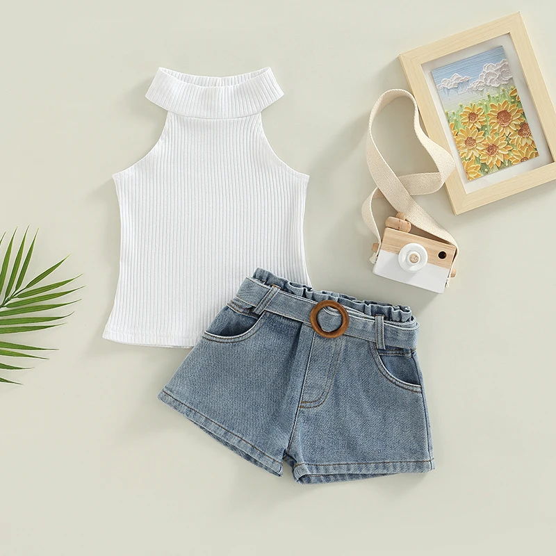 

Шорты для маленьких девочек, комплект с жилетом без рукавов с высоким воротом и джинсовыми шортами и поясом на талии, летняя детская одежда