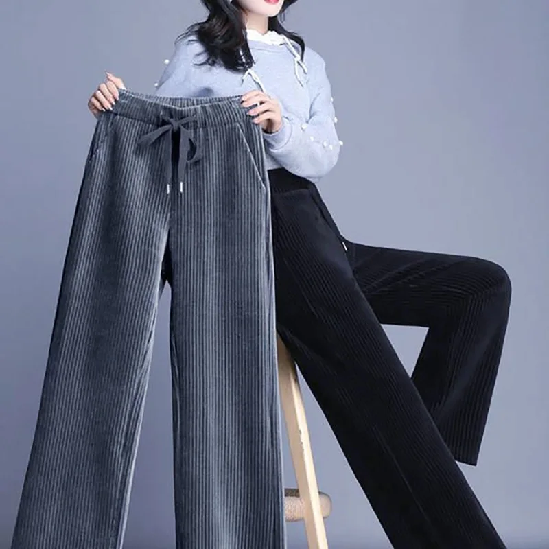 

Spring and autumn new style corduroy high waist straight tube wide leg trousers loose show thin cashmere winter women's trousers