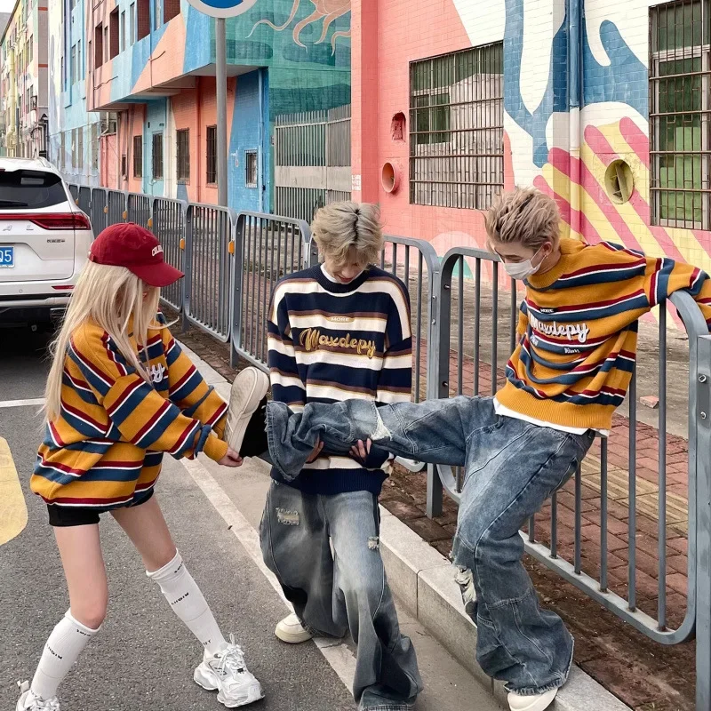 Винтажный вязаный свитер в американском стиле черный и красный цвет свободный