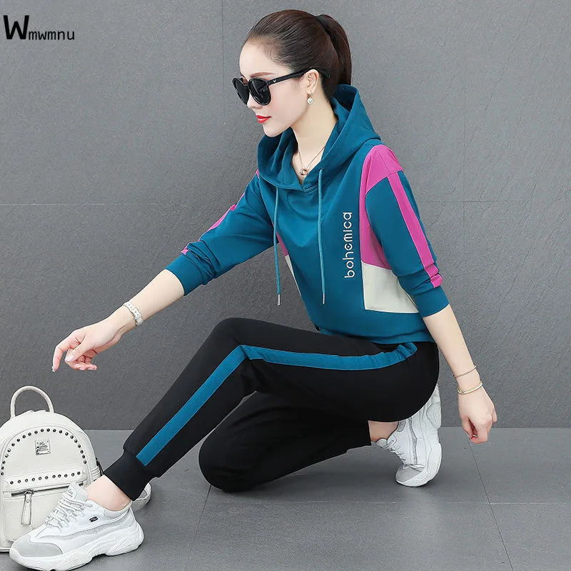 

Streetwear Casual Tracksuit Women 2 Piece Set Design Letter Embroidery Spliced Hoodie Pullover Tops+Capris Harem Pant Sport Suit