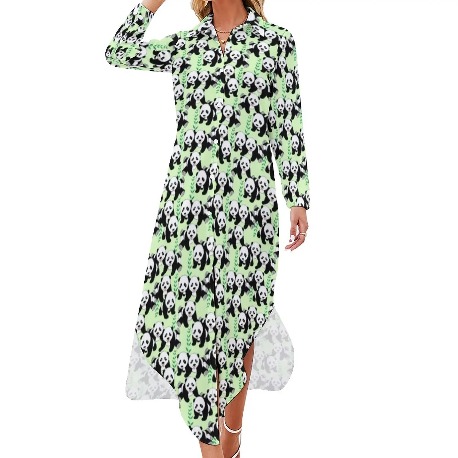 

Panda Bears Print Casual Dress Animal Design Aesthetic Dresses Long Sleeve Elegant Female V Neck Printed Big Size Chiffon Dress