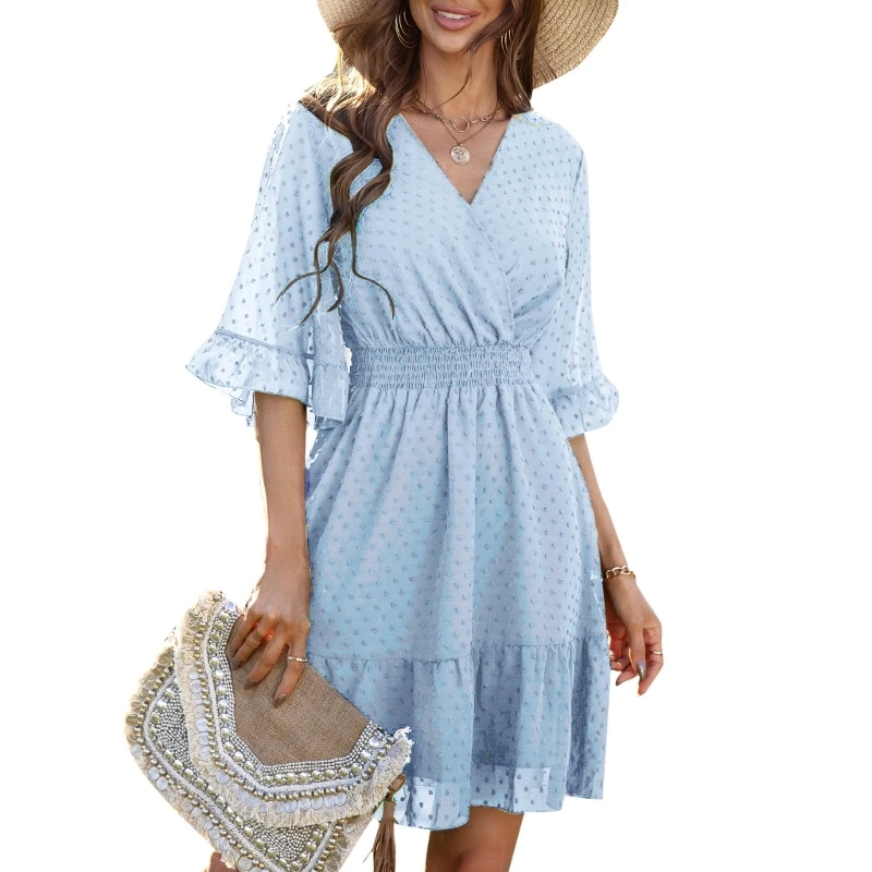 

2023 New Cute Swiss-Dot Dress Ruffle Short Sleeve Flared Sleeve Flowy Shift Mini Dresses Summer Casual Skirt Romantic Costume