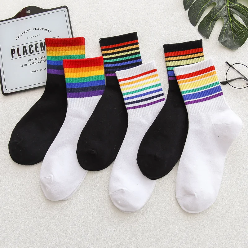 

Unisex Stripes Mid Men Socks Harajuku Colorful Funny Socks Men 100 Cotton 1 Pair Kawaii Rainbow Color High-quality Couple socks