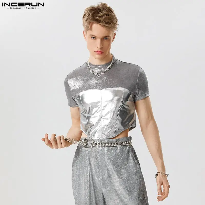 

2023 Men T Shirt Patchwork Sparkling Summer O-neck Short Sleeve Fashion Crop Tops Men Fitness Streetwear Camisetas S-5XL INCERUN