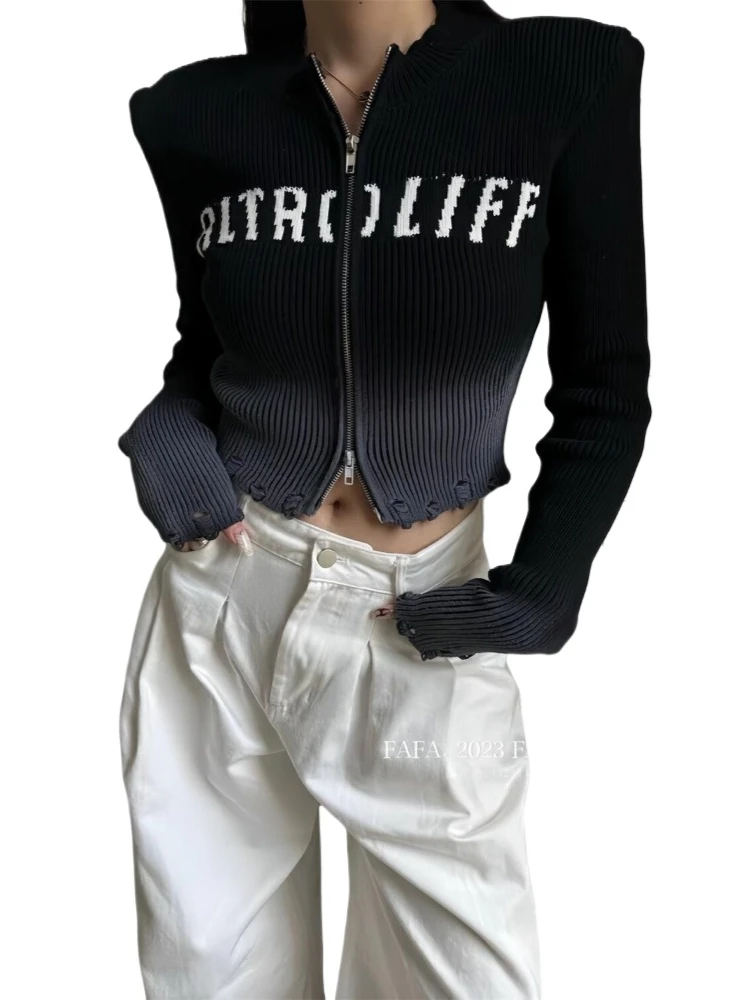 QWEEK винтажный черный кардиган с буквенным принтом для женщин 2024 осень-зима теплый