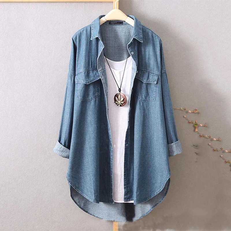 

Faymusty Fashion Women Denim Blue Blouse Autumn Lapel Neck Long Sleeve Shirts Casual Buttons Blusas Femininas Work Tops Tunic