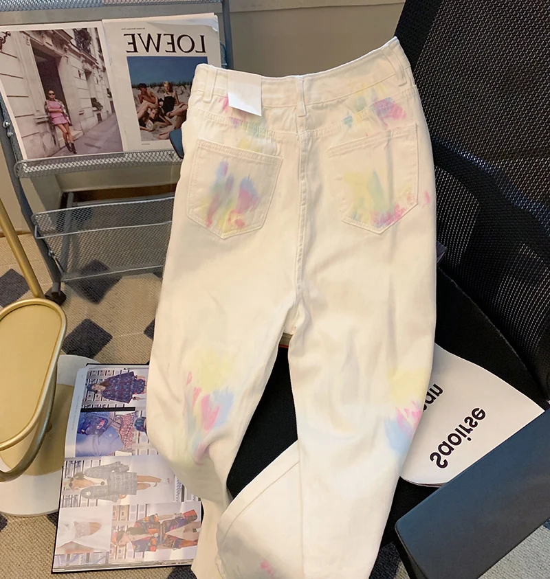 

Women White Denim High Waist Trousers Stylish Zipper Button Loose Casual Korean Style Female Streetwear Trendy Jeans