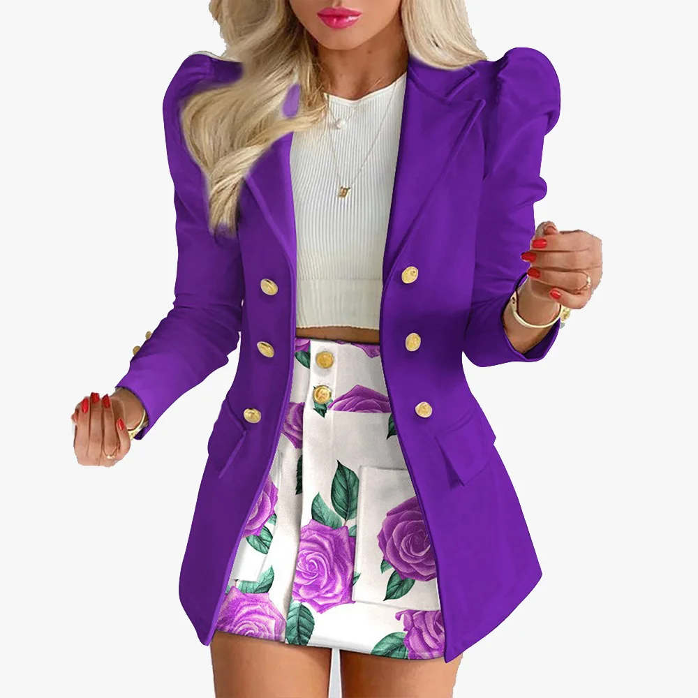 Fashion Printed Short Skirt Suit Temperament Casual Plaid Elegant Suits Solid Color Commuting Two Piece Set Women Outfit 2023