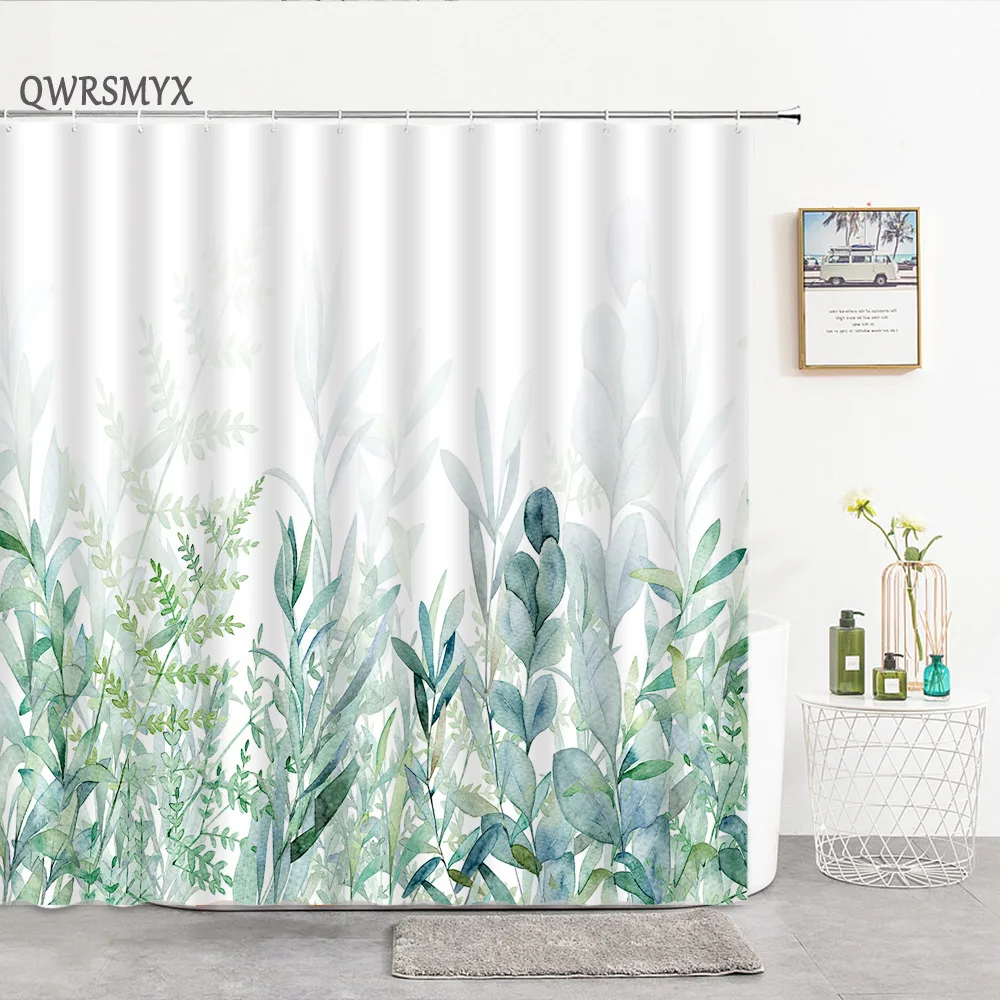 , Fabric Shower Curtains For Bathroom, Plant Leaves Bath Courtain Sets Bathtub Screen With Hooks