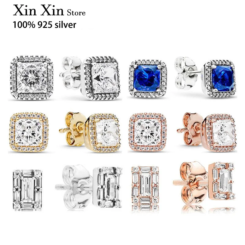 

Fit Original Luxury 925 Sterling Silver Square Bright Cz Pan Earrings For Women High Quality Diy Fashion Wedding Jewelry